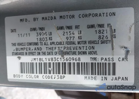 2012 Mazda Mazda3 I Touring z USA, uszkodzony, nr VIN JM1BL1V83C1560968